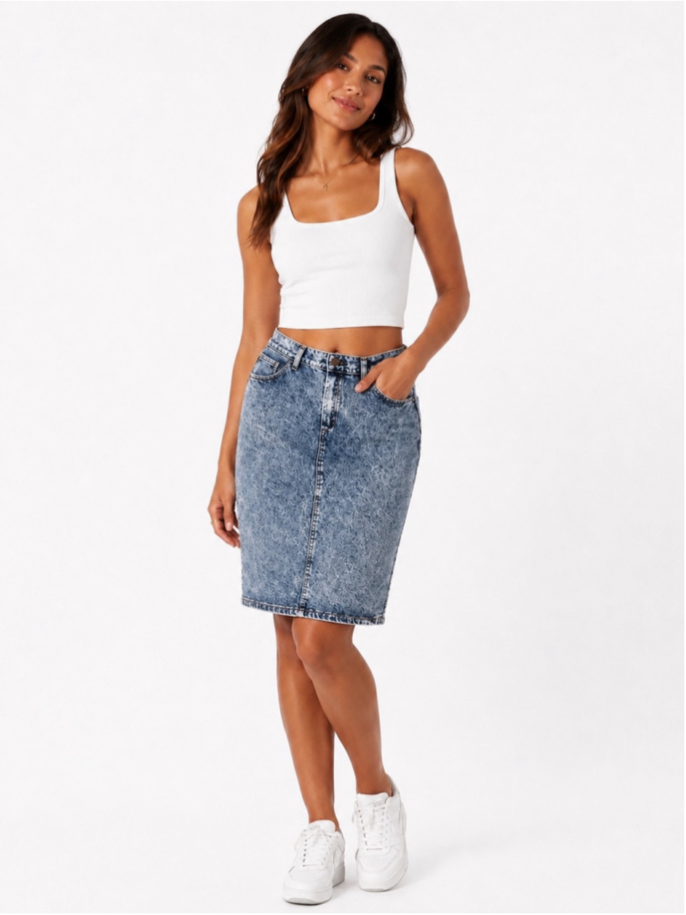 Women's Vintage Foxes Acid Wash Denim Midi Skirt - Size see pics - 691